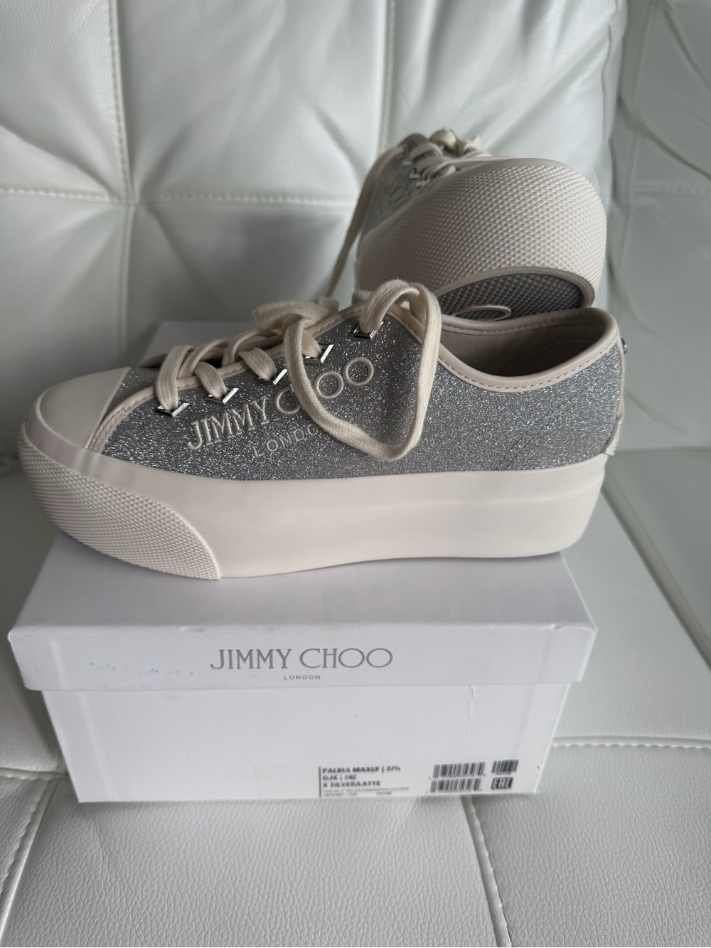 Jimmy Choo Silver Glitter Platform Sneakers with Cream Trim - Picture 1 of 7